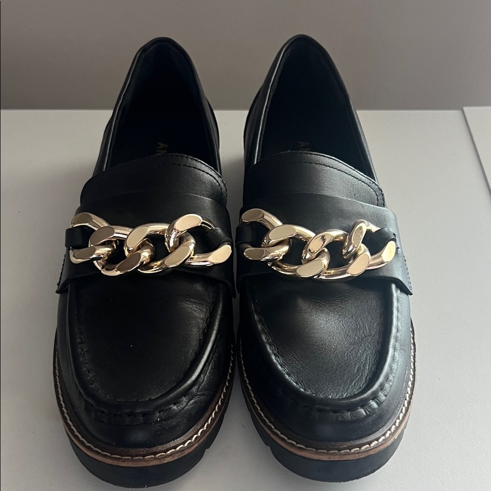 Anne Klein Black Loafers with Gold Chain